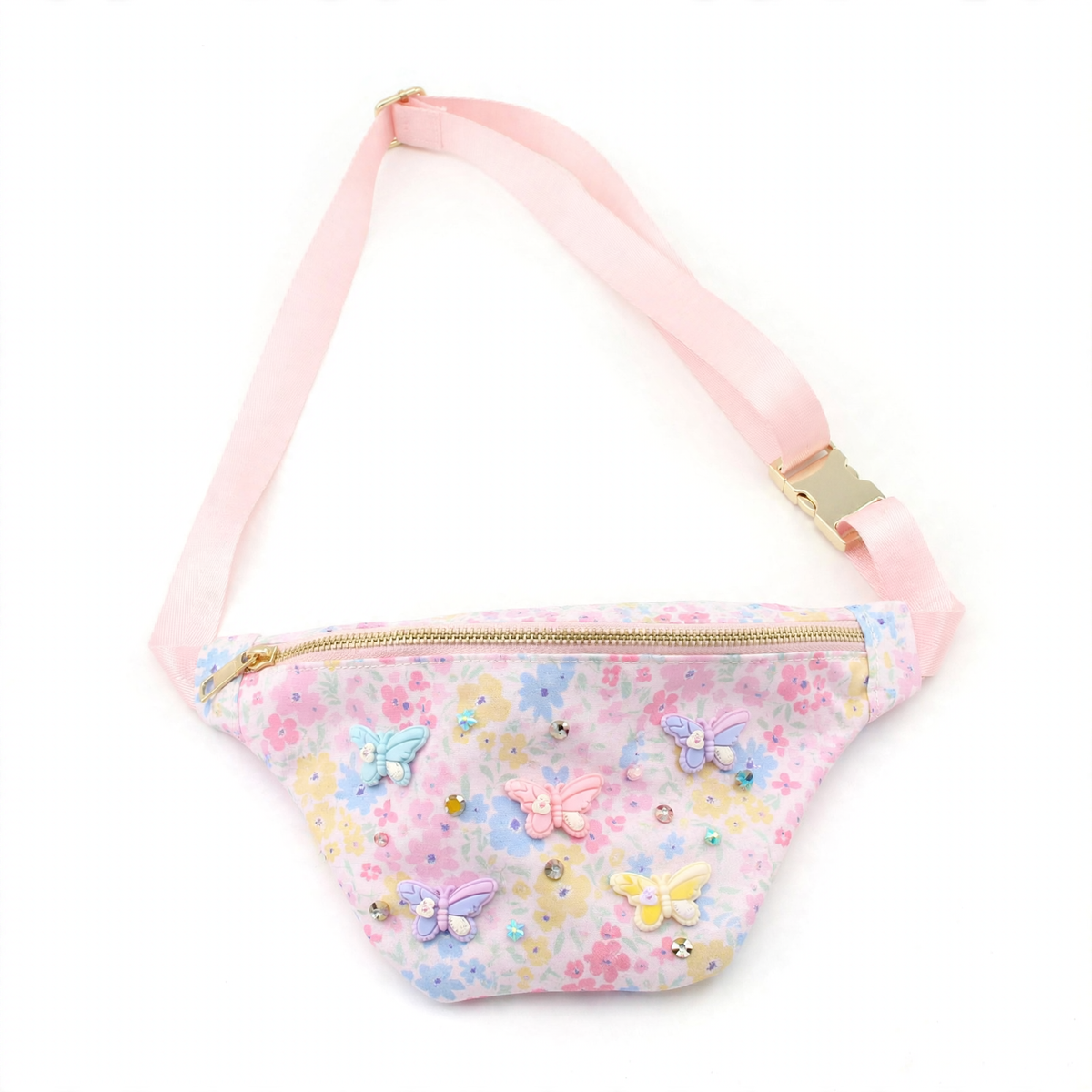 Children's floral fanny pack with a pink strap, gold zipper, and colorful 3D butterfly and pearl embellishments.