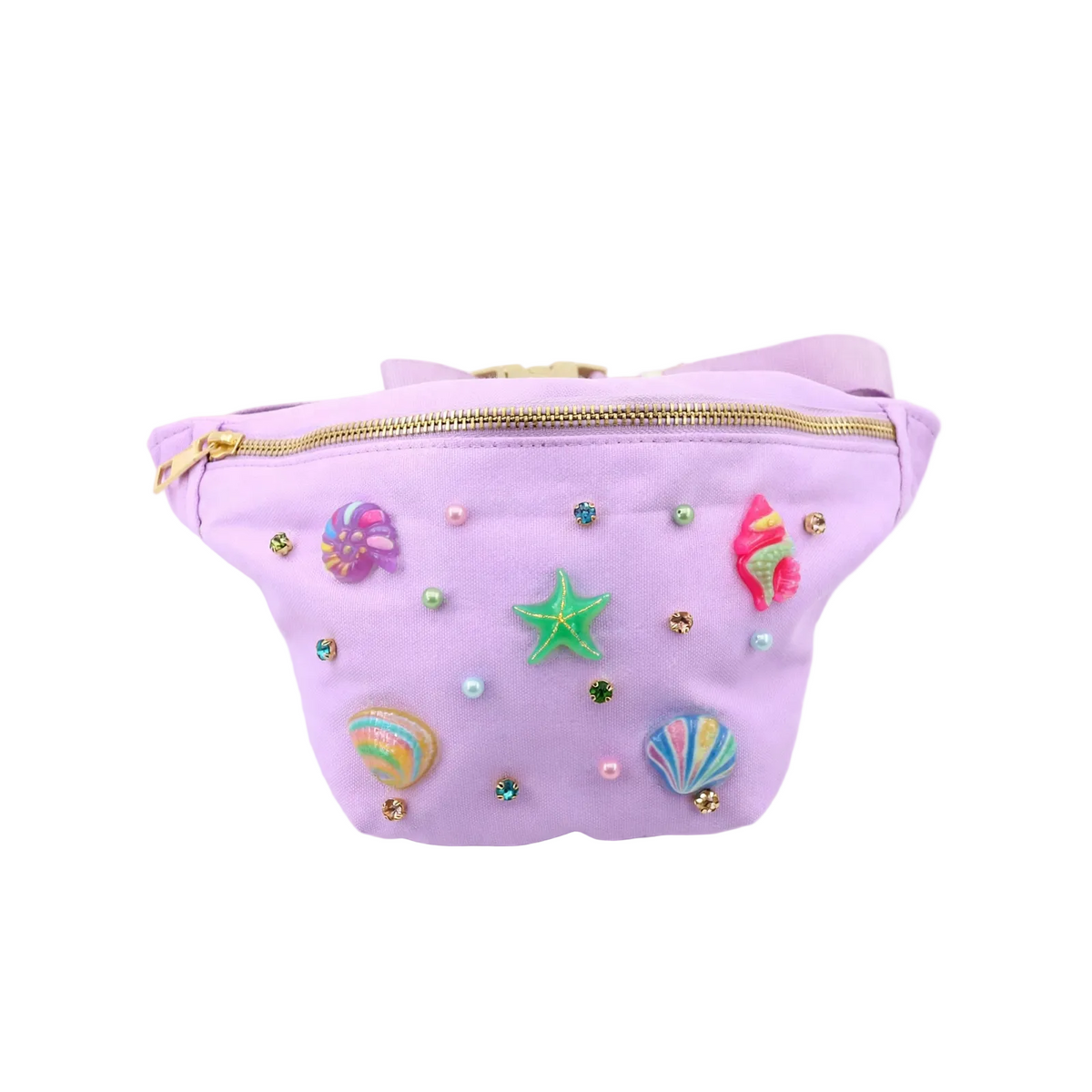Lavender fanny pack adorned with colorful candy, star, and shell embellishments, and a gold zipper.