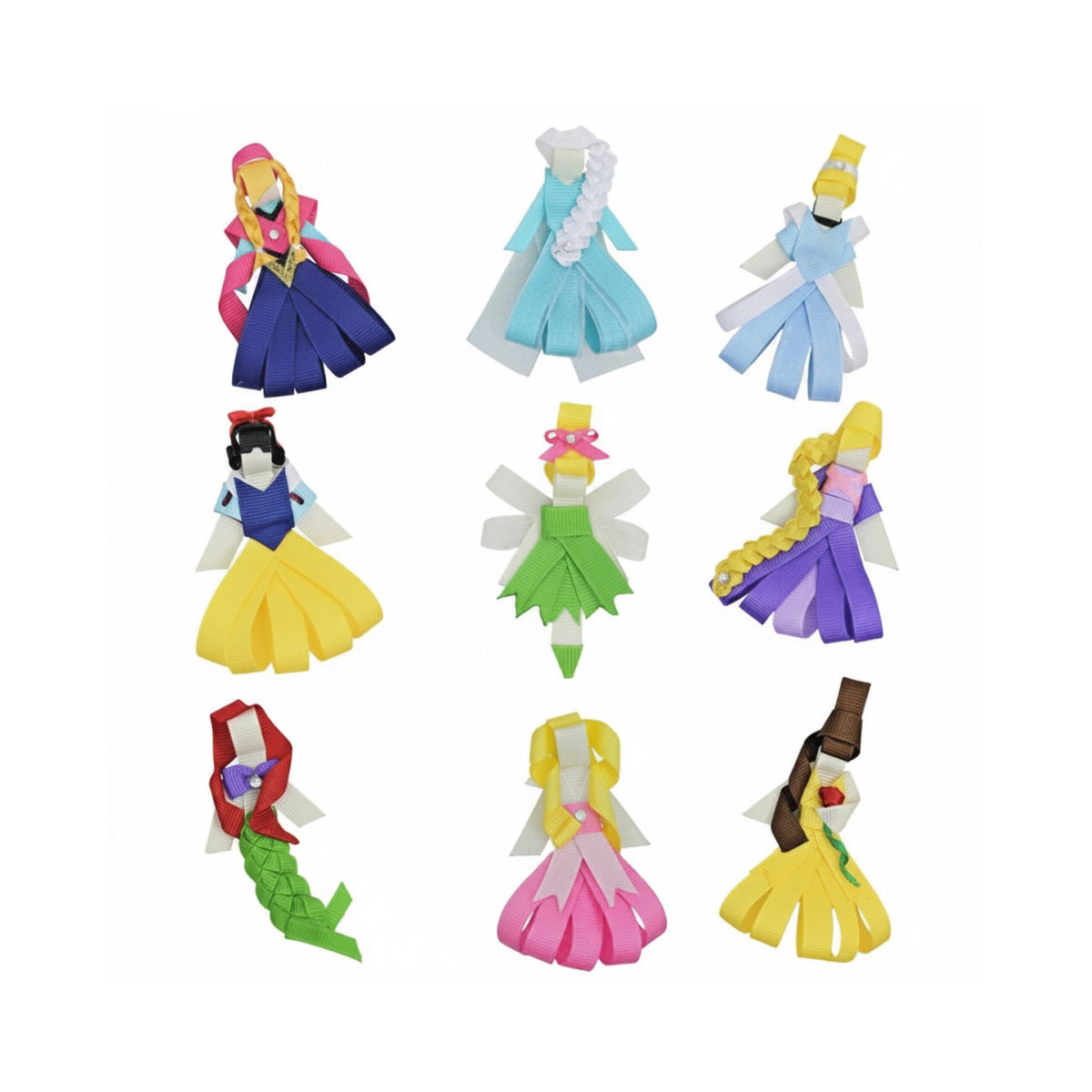 Nine colorful ribbon clips depicting Disney princesses like Anna, Elsa, Snow White, and Ariel, each with unique colors and details.