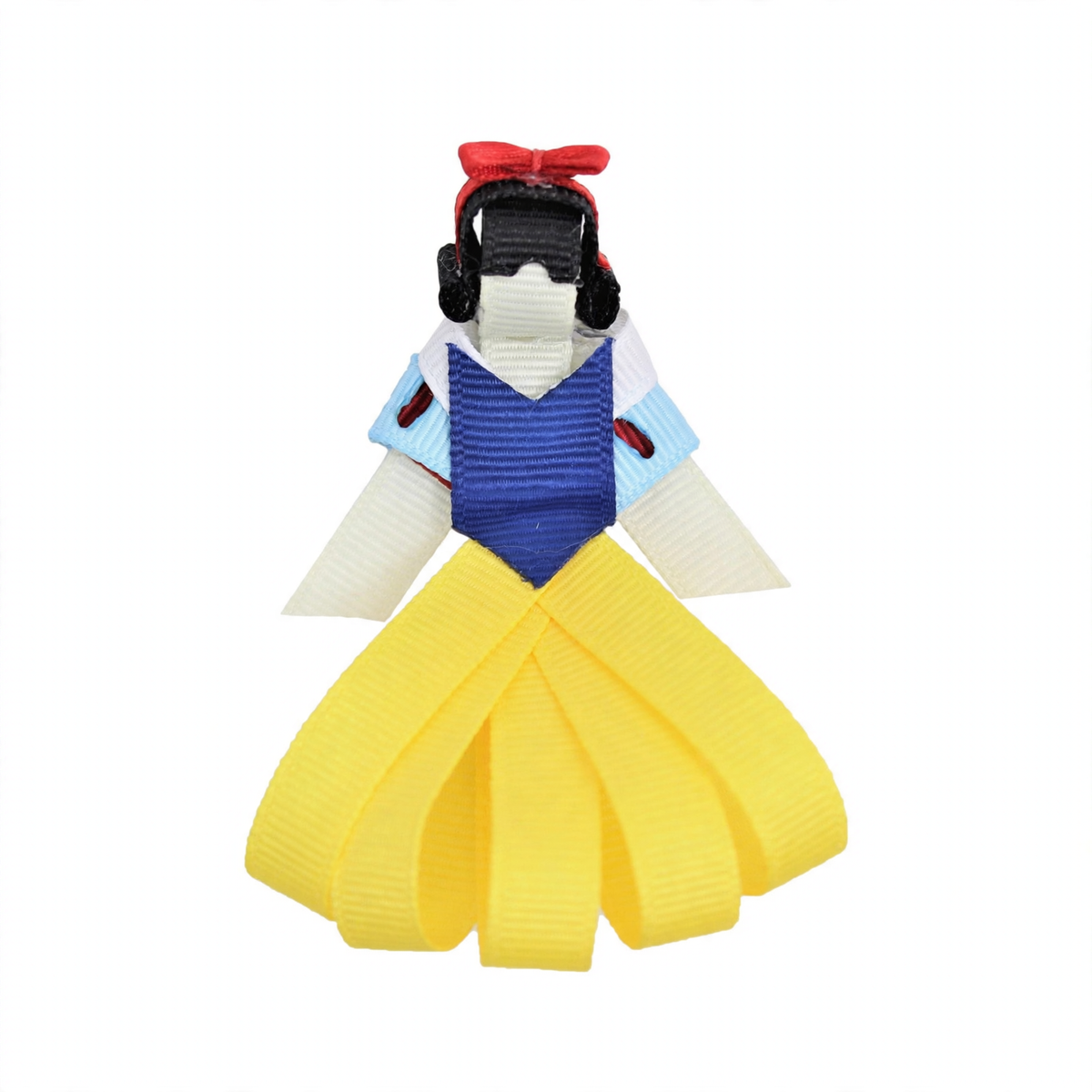 Snow White inspired hair clip made from grosgrain ribbons, featuring a red bow, black hair, blue bodice, and yellow skirt.