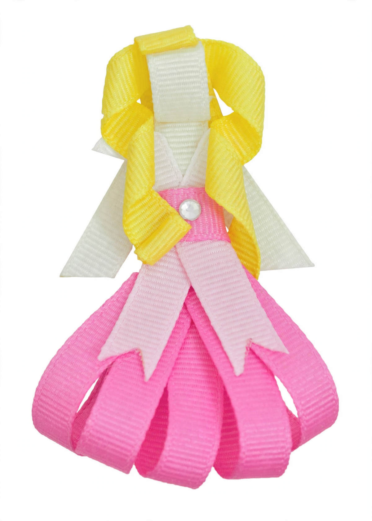 Princess-themed headband made from grosgrain ribbons in white, yellow, and pink, featuring a small rhinestone accent.