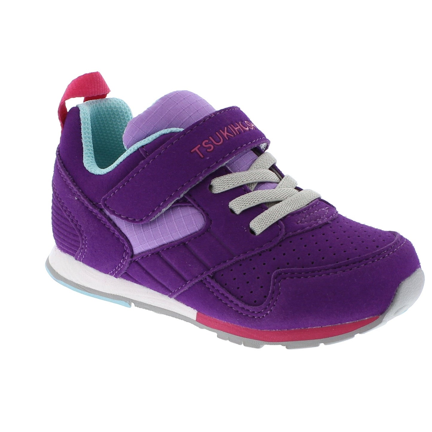 Purple and light purple children's sneaker with a hook-and-loop strap, light blue lining, and gray laces, featuring a white, pink, and gray sole.