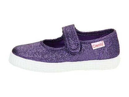 Sparkly purple Cienta children's T-strap shoe with a white sole and hook-and-loop closure.