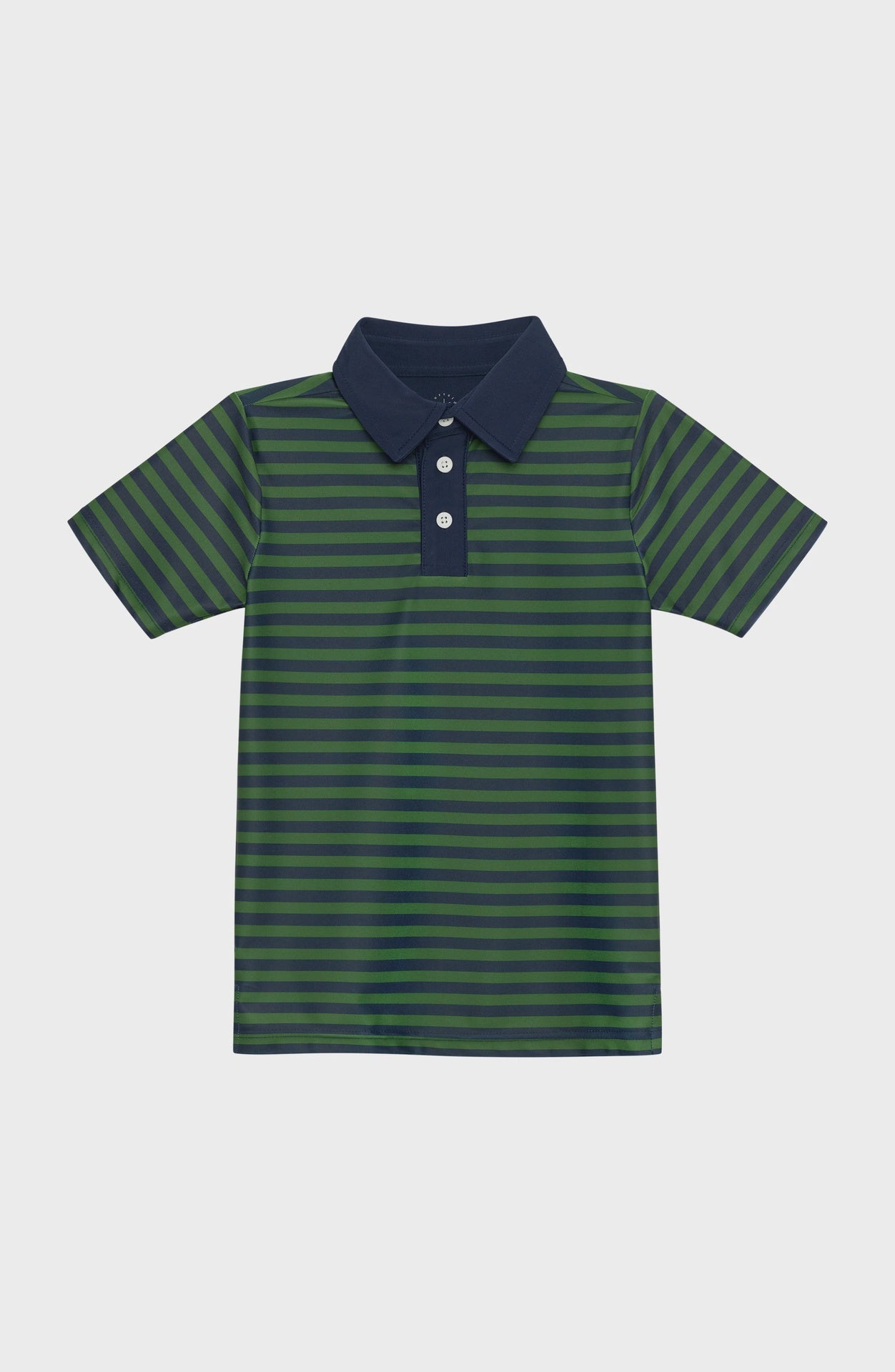 Kids' short-sleeve polo shirt with navy blue collar and placket, featuring horizontal navy blue and olive green stripes.
