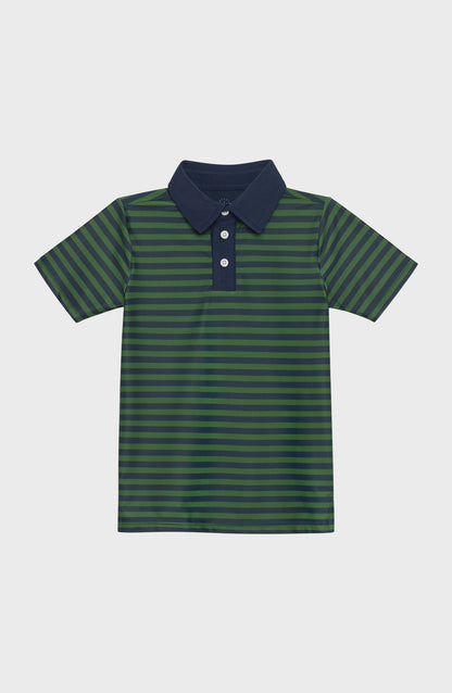 Kids' short-sleeve polo shirt with navy blue collar and placket, featuring horizontal navy blue and olive green stripes.