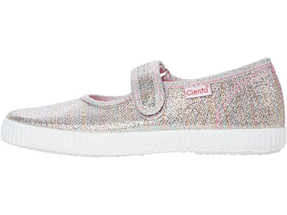 Sparkly silver and pink glitter children's Mary Jane shoe with a white textured sole and a single hook-and-loop strap.