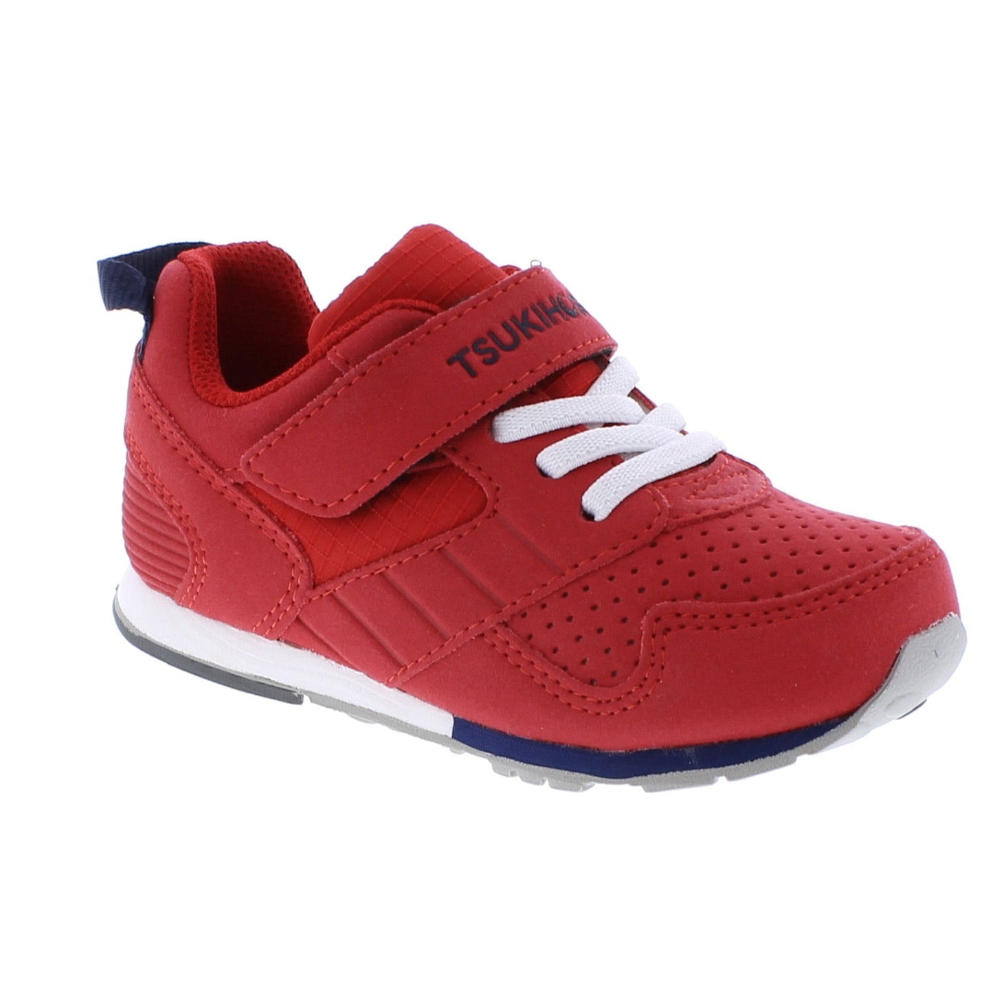 Red children's athletic shoe with white laces, a Velcro strap featuring 'TSUKIHOSHI' text, perforated toe, and blue accents.