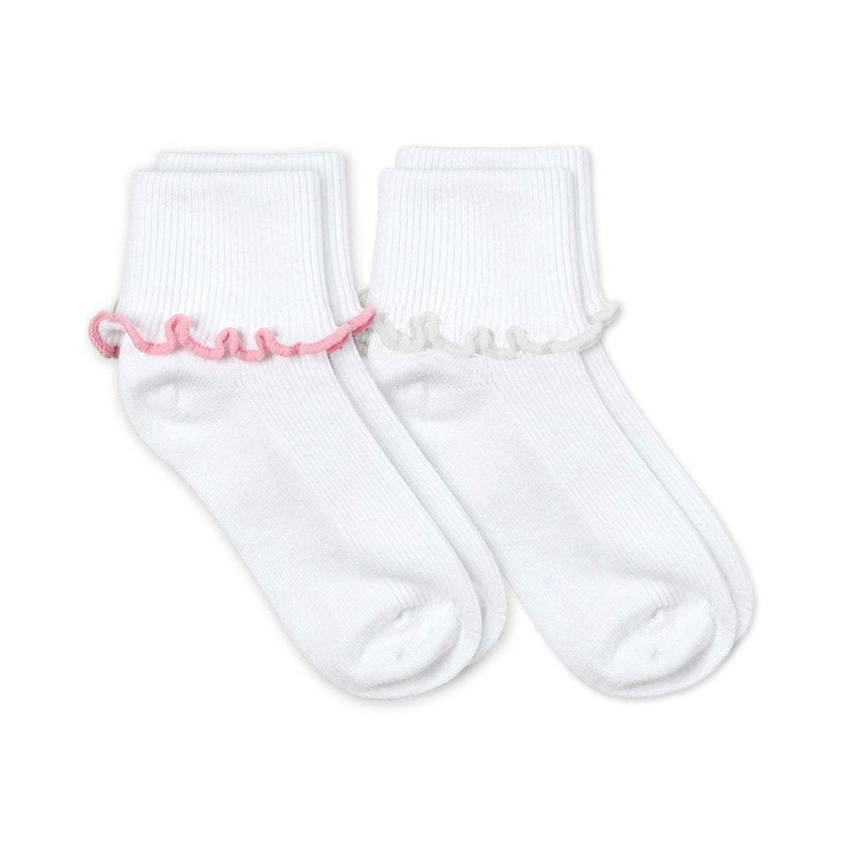 Two pairs of white children's ankle socks, one with a pink ripple edge cuff and the other with a white ripple edge cuff.