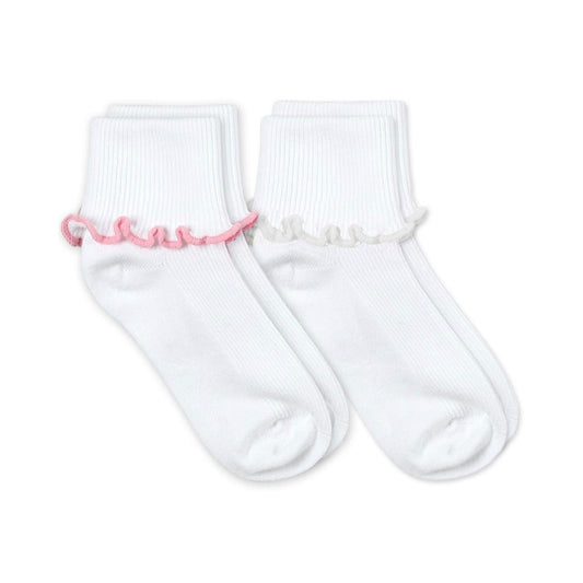 Two pairs of white children's ankle socks, one with a pink ripple edge cuff and the other with a white ripple edge cuff.