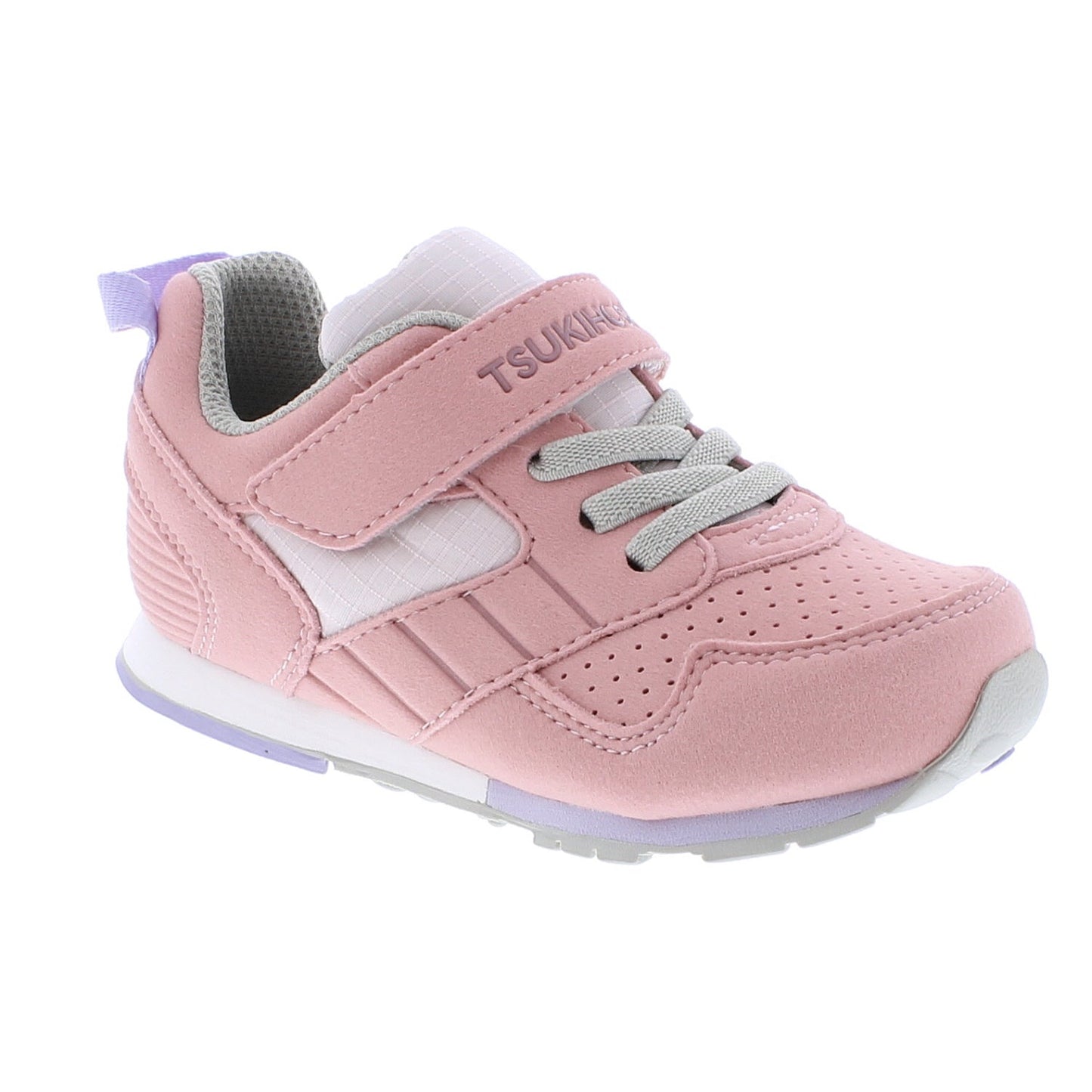 Pink and light grey Tsukihoshi Racer Child sneaker with a Velcro strap, elastic laces, perforated toe, and purple accents.