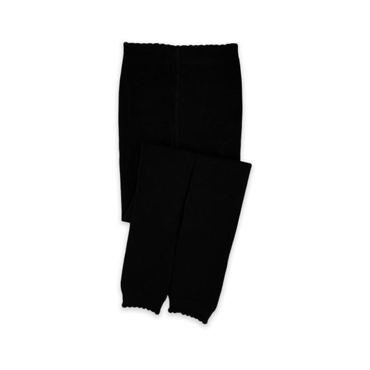 Black Pima cotton footless tights with scalloped cuffs, folded neatly on a white background.