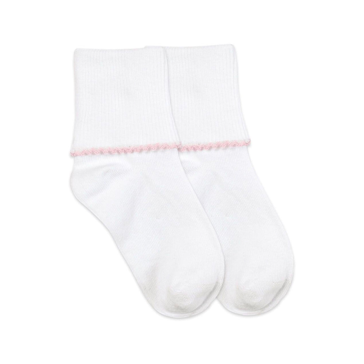 Pair of white seamless turn-cuff socks featuring a delicate pink tatted edge on the cuff.