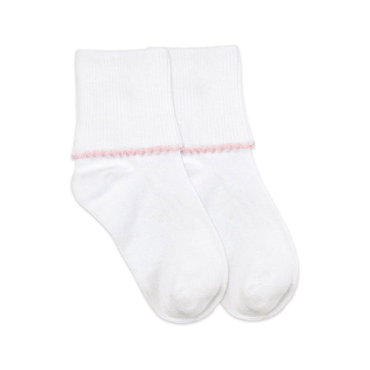 Pair of white seamless turn-cuff socks featuring a delicate pink tatted edge on the cuff.