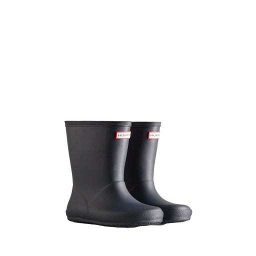 Pair of matte navy blue Hunter First Classic children's rain boots with red logo patches on the front.