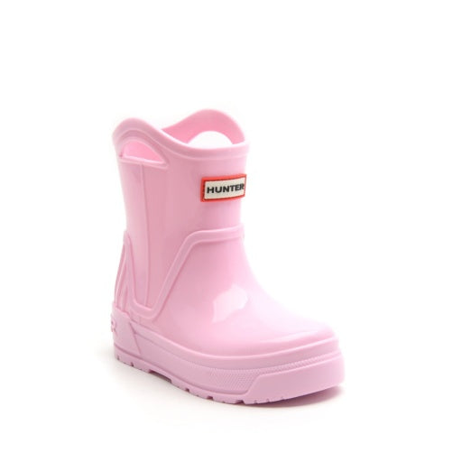 Pink Hunter children's rain boot featuring top pull handles and a red and white logo patch.