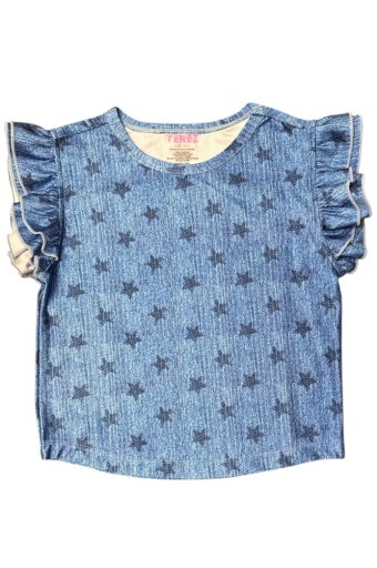 GIRLS HI-SHINE RUFFLE CROP TOP IN STAR DENIM