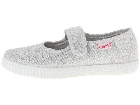 Sparkly silver children's Mary Jane style shoe with a white sole, hook-and-loop strap, and pink Cienta brand tag.