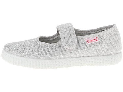 Sparkly silver children's Mary Jane style shoe with a white sole, hook-and-loop strap, and pink Cienta brand tag.