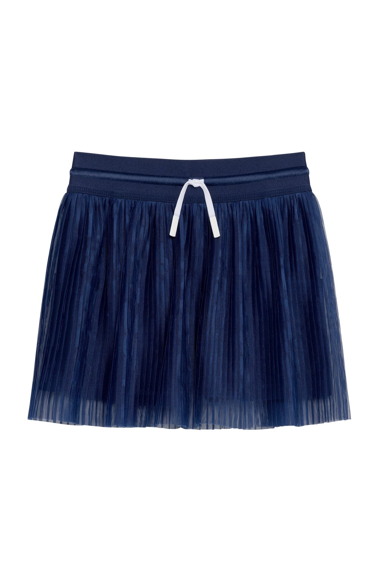 Navy blue pleated skort with an elastic waistband and a white decorative drawstring.