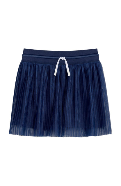 Navy blue pleated skort with an elastic waistband and a white decorative drawstring.