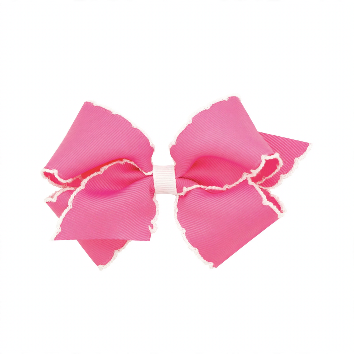 Vibrant pink grosgrain bow with white scalloped moonstitch edges and a white contrasting center wrap.