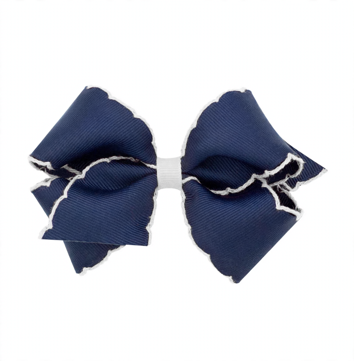 Navy blue grosgrain hair bow with white scalloped edges and a white center wrap.