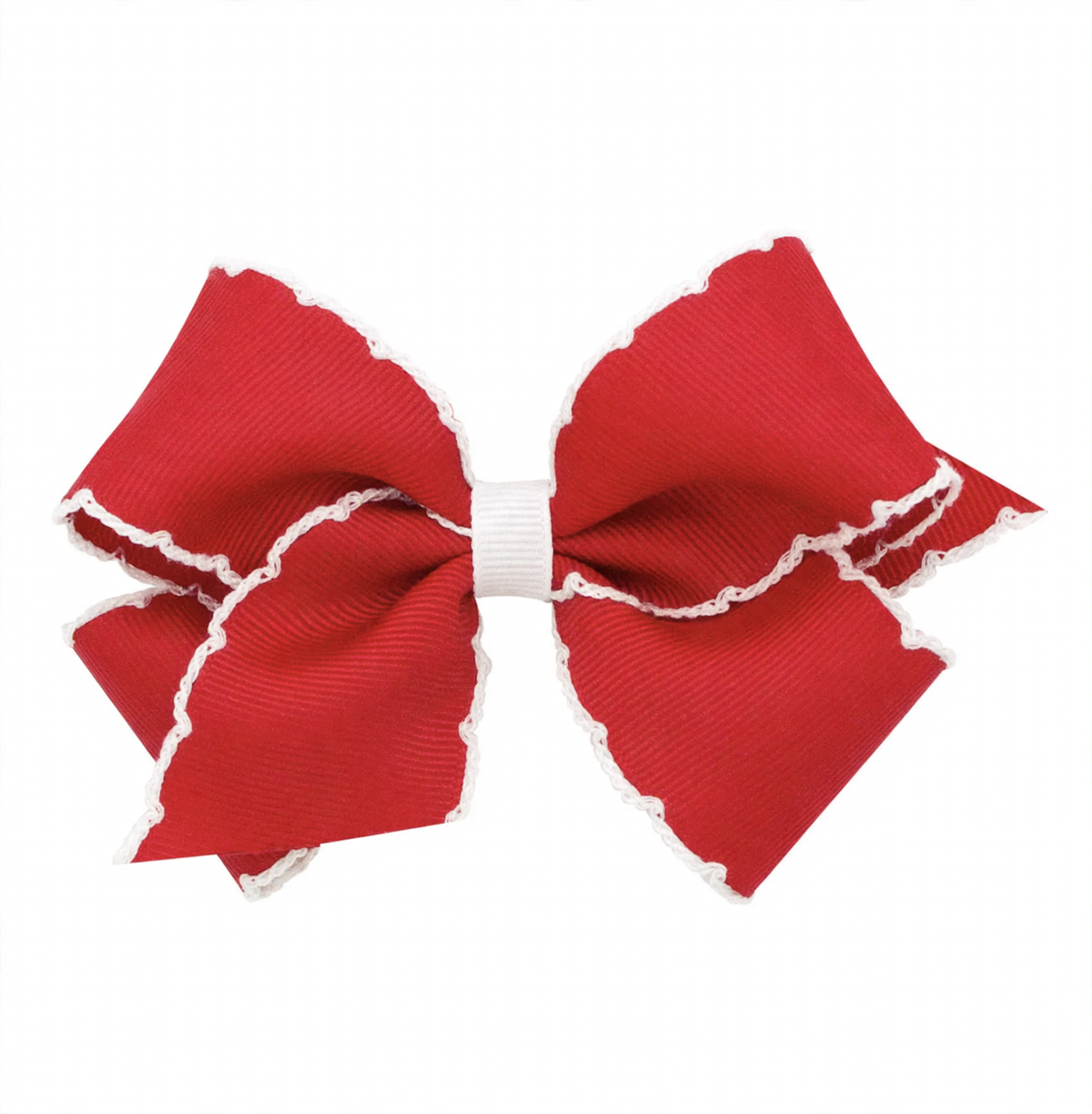 Red grosgrain bow with white moonstitch edges and a white contrasting center wrap.