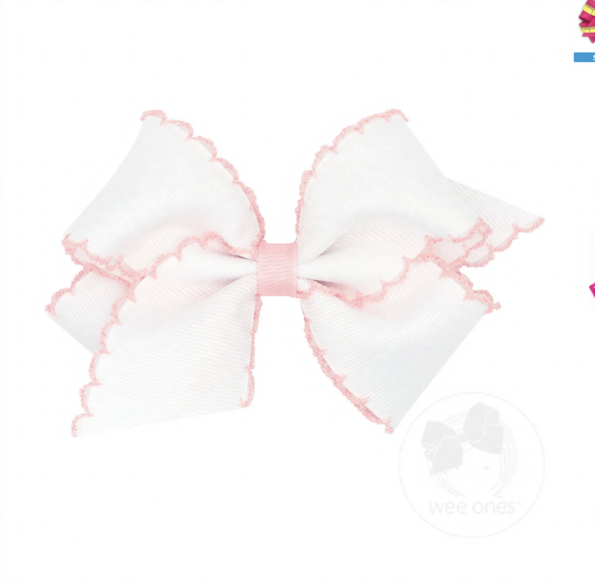 White grosgrain hair bow with pink moonstitch edges and a pink center wrap.