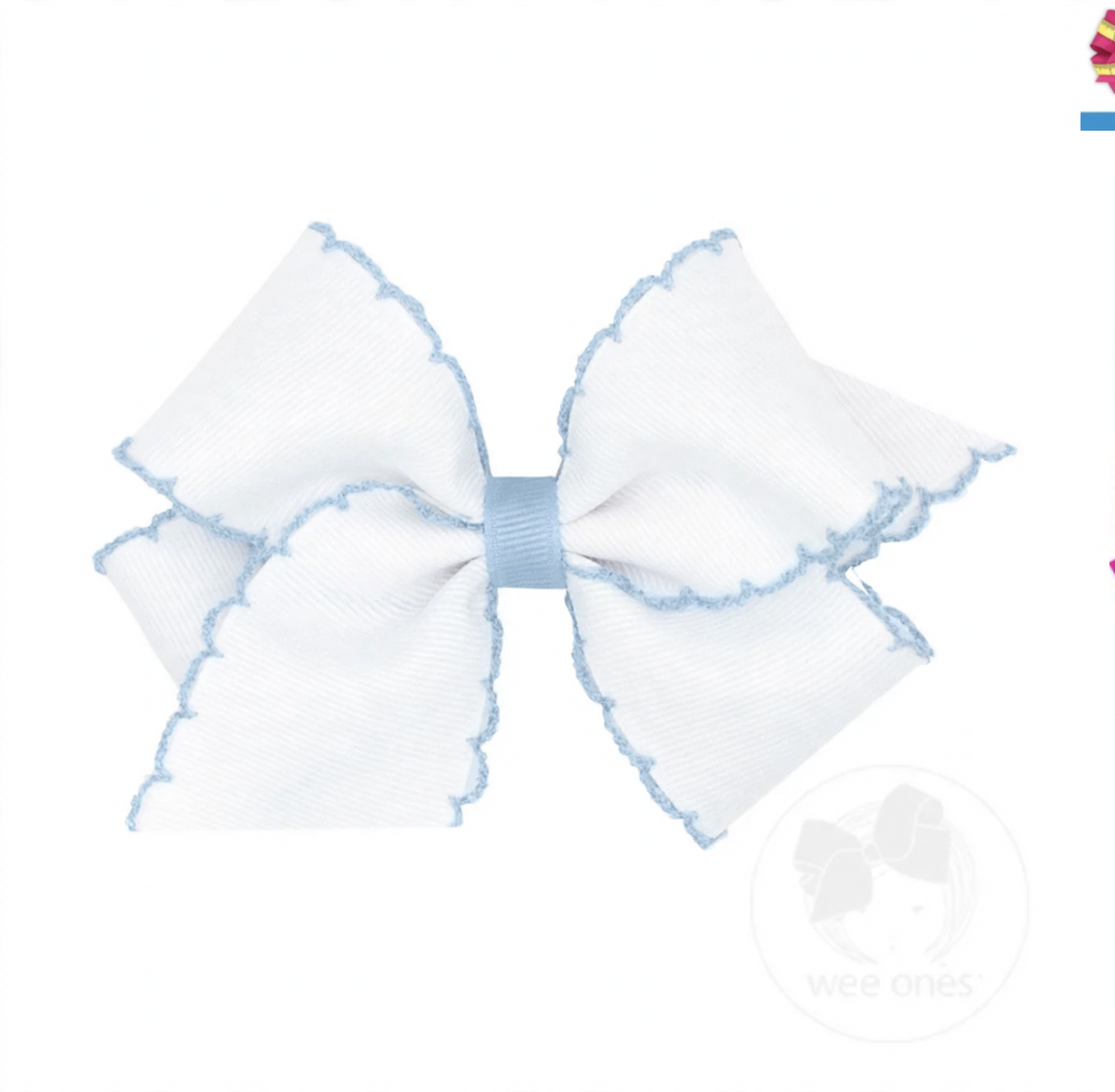 White grosgrain hair bow with light blue moonstitch edges and a light blue center wrap.