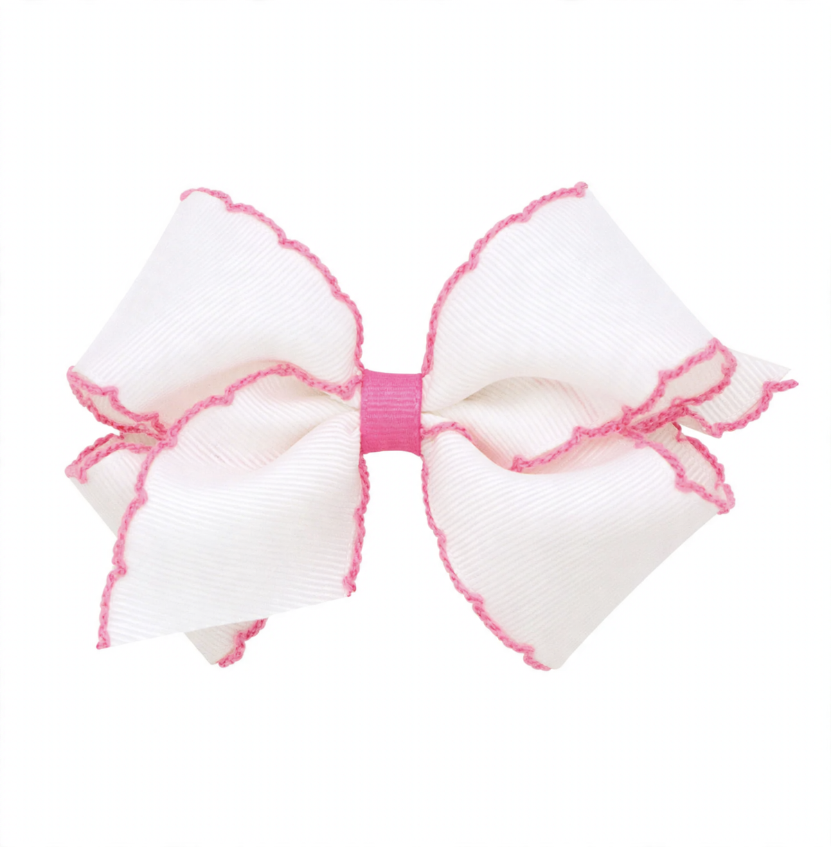 White grosgrain ribbon hair bow with pink moonstitch edges and a contrasting pink center wrap.