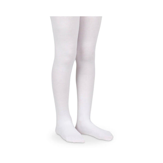 Child's legs wearing smooth white microfiber tights, covering the full leg and feet.