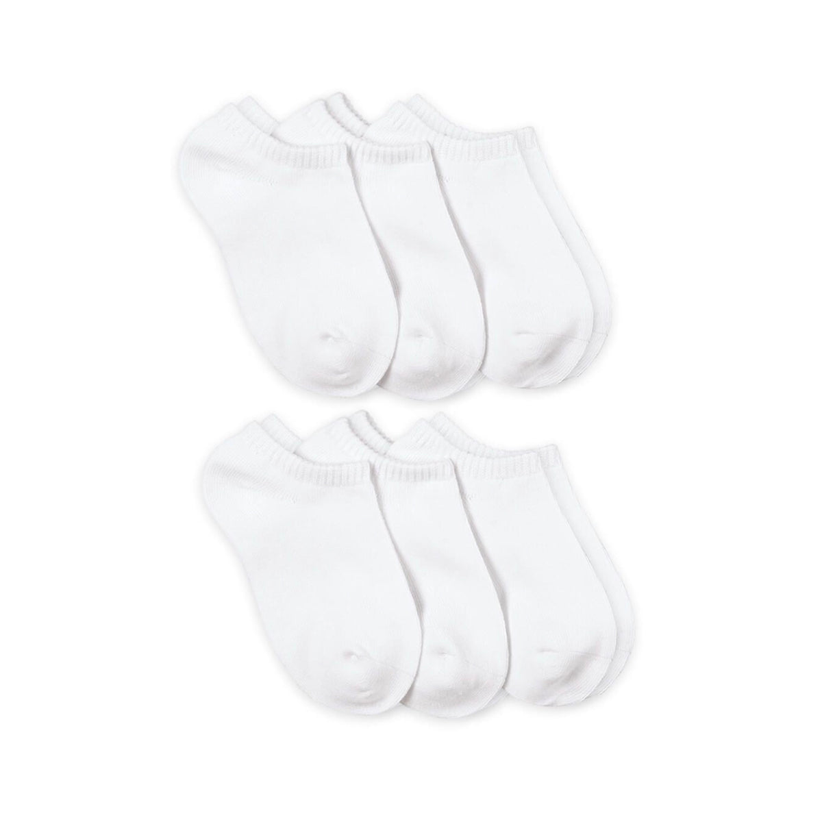 Twelve white smooth toe capri liner sport socks, neatly arranged in two rows on a white background.