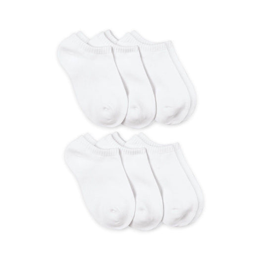 Twelve white smooth toe capri liner sport socks, neatly arranged in two rows on a white background.
