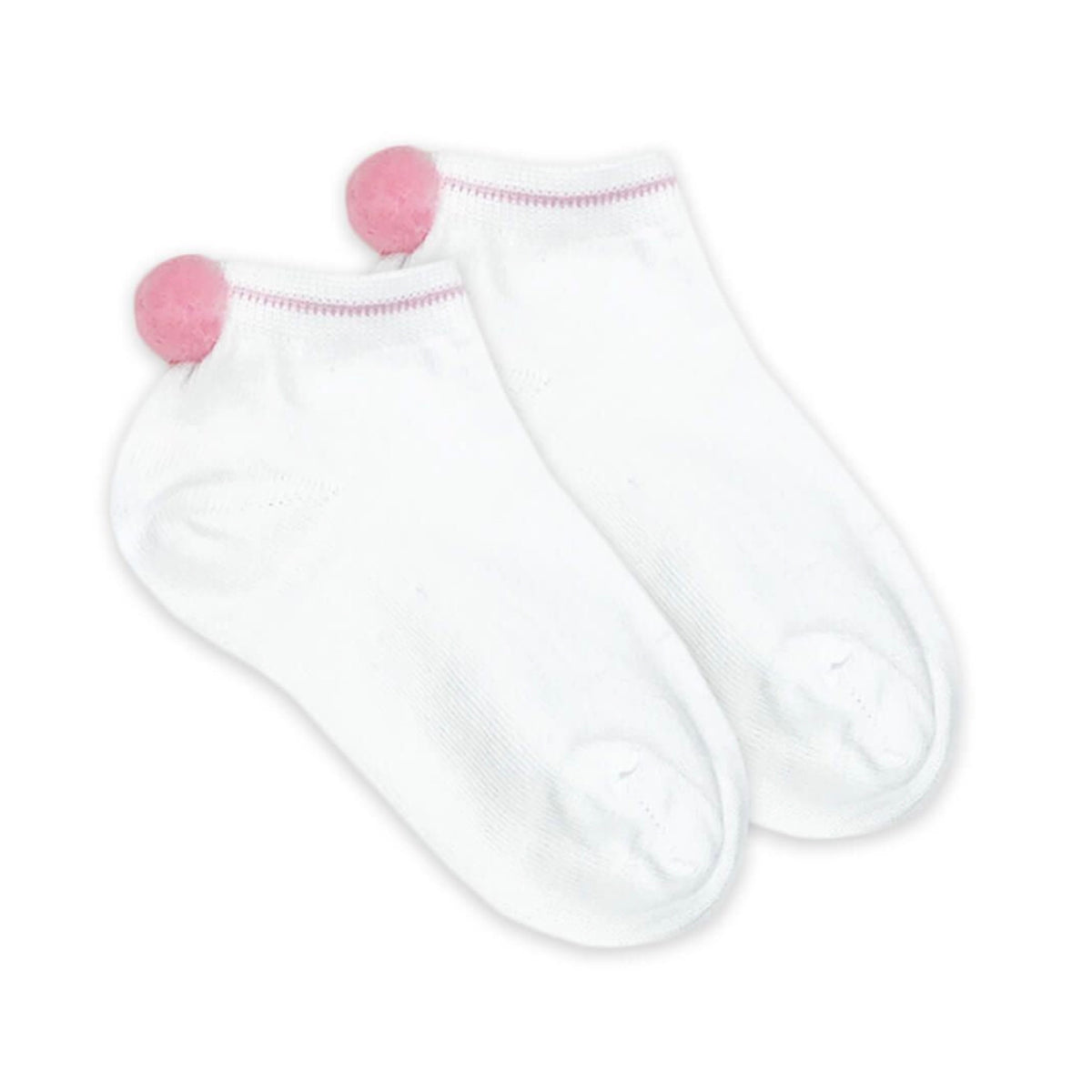 A pair of white low-cut socks with pink trim and pink pom-poms on the heels.