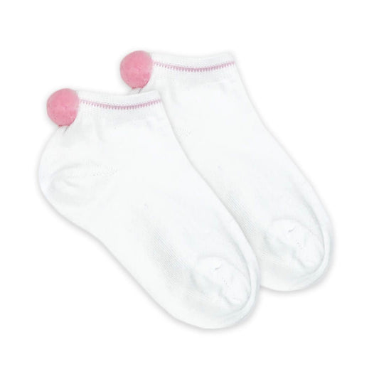 A pair of white low-cut socks with pink trim and pink pom-poms on the heels.
