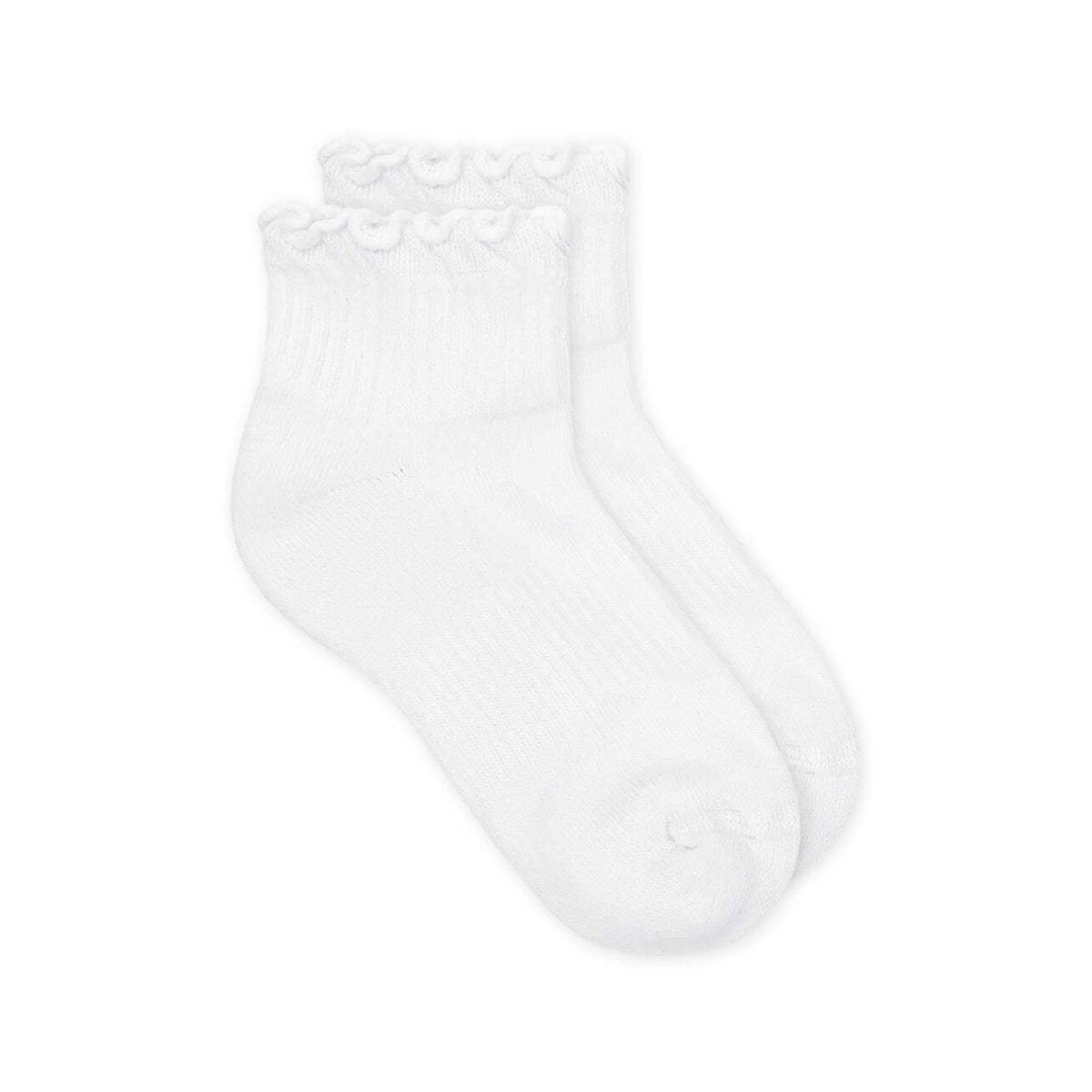 Pair of white quarter sport socks with a ruffled ripple edge at the top and smooth toe design.