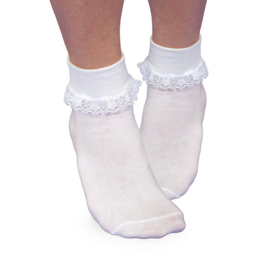 Two feet wear white ankle socks with a delicate ruffled lace turn cuff, showcasing the smooth toe design.