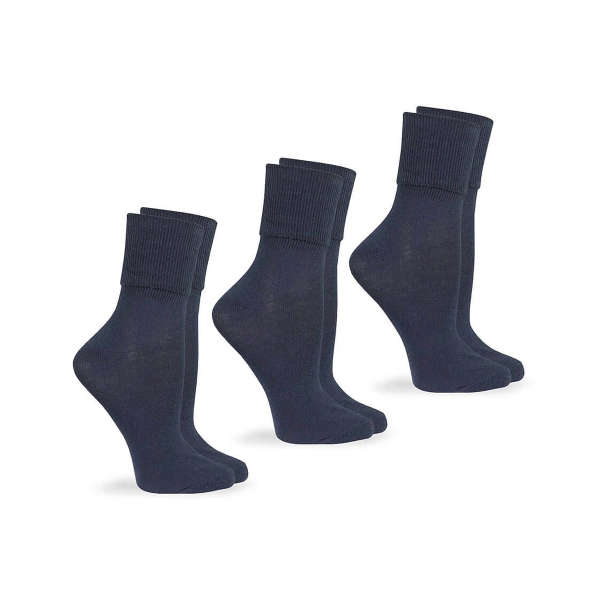 Three pairs of dark blue smooth toe turn cuff socks, displayed on invisible forms with ribbed cuffs.