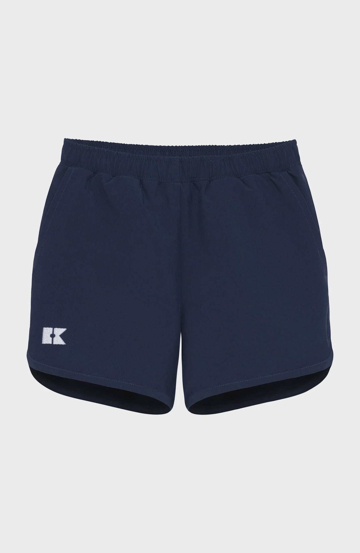 Navy blue athletic shorts with an elastic waistband, side pockets, and a white K-shaped logo on the left leg.