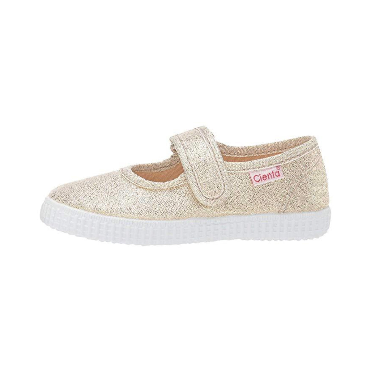 Sparkly gold children's Mary Jane shoe with a hook-and-loop strap and white ridged sole, featuring a Cienta label.