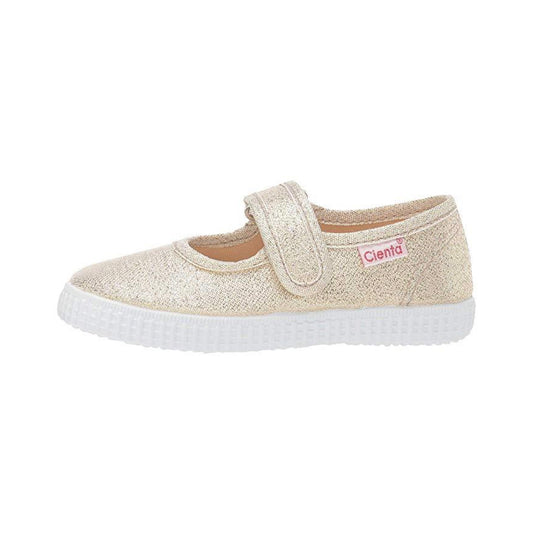Sparkly gold children's Mary Jane shoe with a hook-and-loop strap and white ridged sole, featuring a Cienta label.