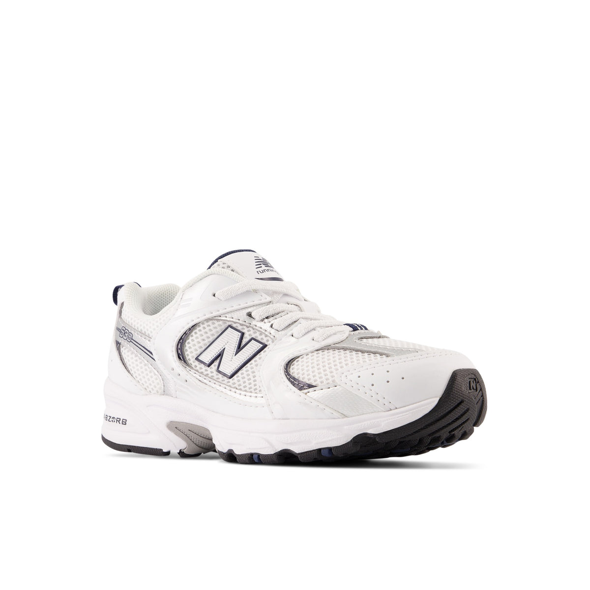 New Balance 530 Bungee Little Kids PZ530SB1 White with Natural Indigo and Silver Metallic - front three-quarter view