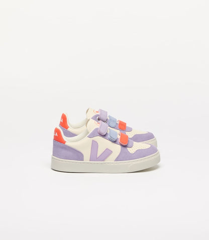 Pair of Veja Small V-10 children's sneakers in cream and lavender with purple V-logo and colorful velcro straps.