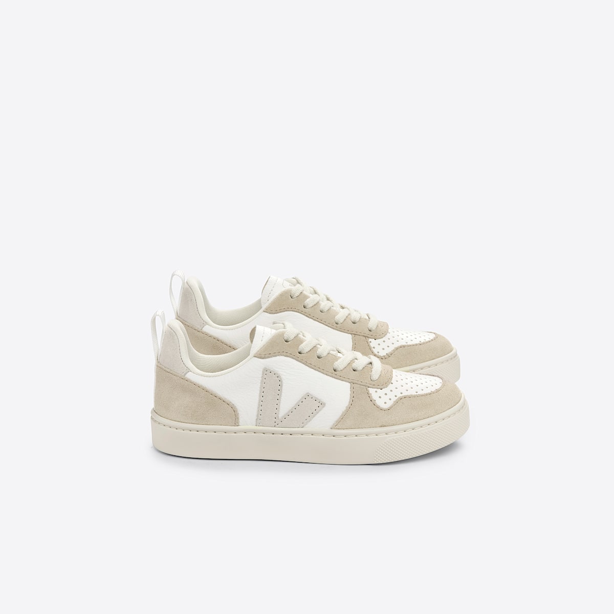 VEJA Small V-10 Laces in White/Natural/Almond, side view.