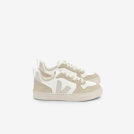 VEJA Small V-10 Laces in White/Natural/Almond, side view.