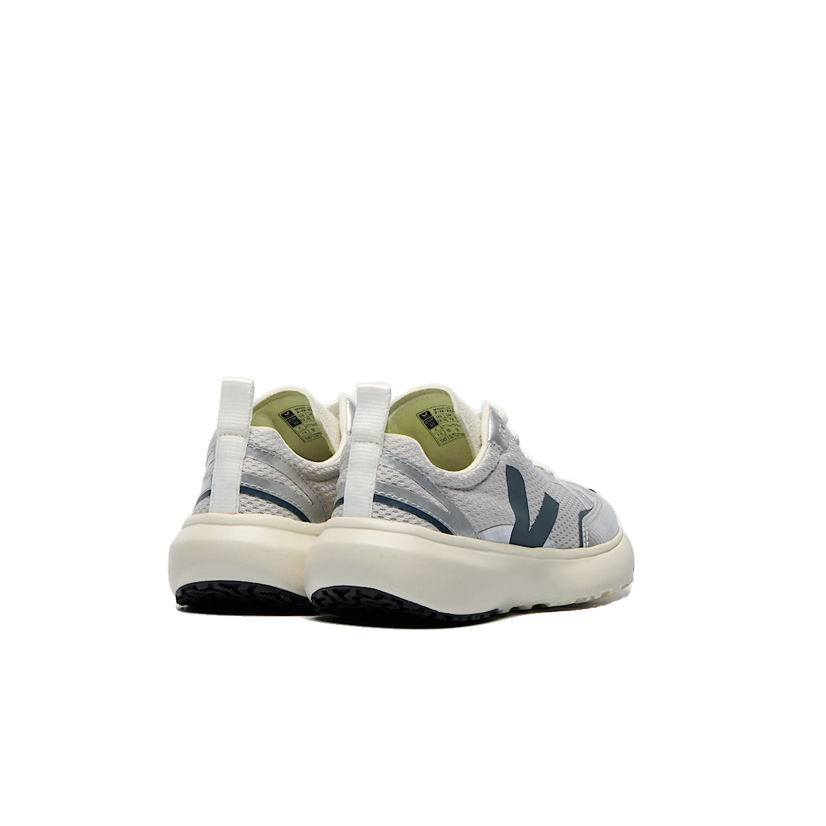 VEJA Canary Elastic Laces Alveomesh — Light-grey/California/Silver — rear view (YL1820623); official square photo; original shoe pixels preserved