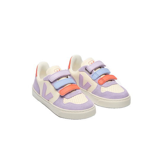 VEJA Small V-10 Leather — Cashew Multico Orchid — elevated front view (CV0520614); official square photo; original shoe pixels preserved