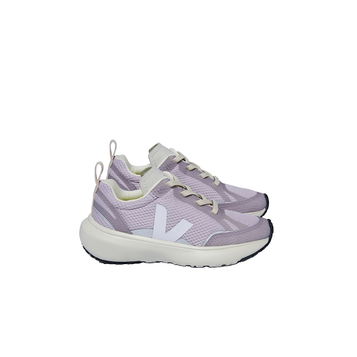 VEJA Canary Elastic Laces Alveomesh — Parme White — side view (YL1803630); official square photo; original shoe pixels preserved