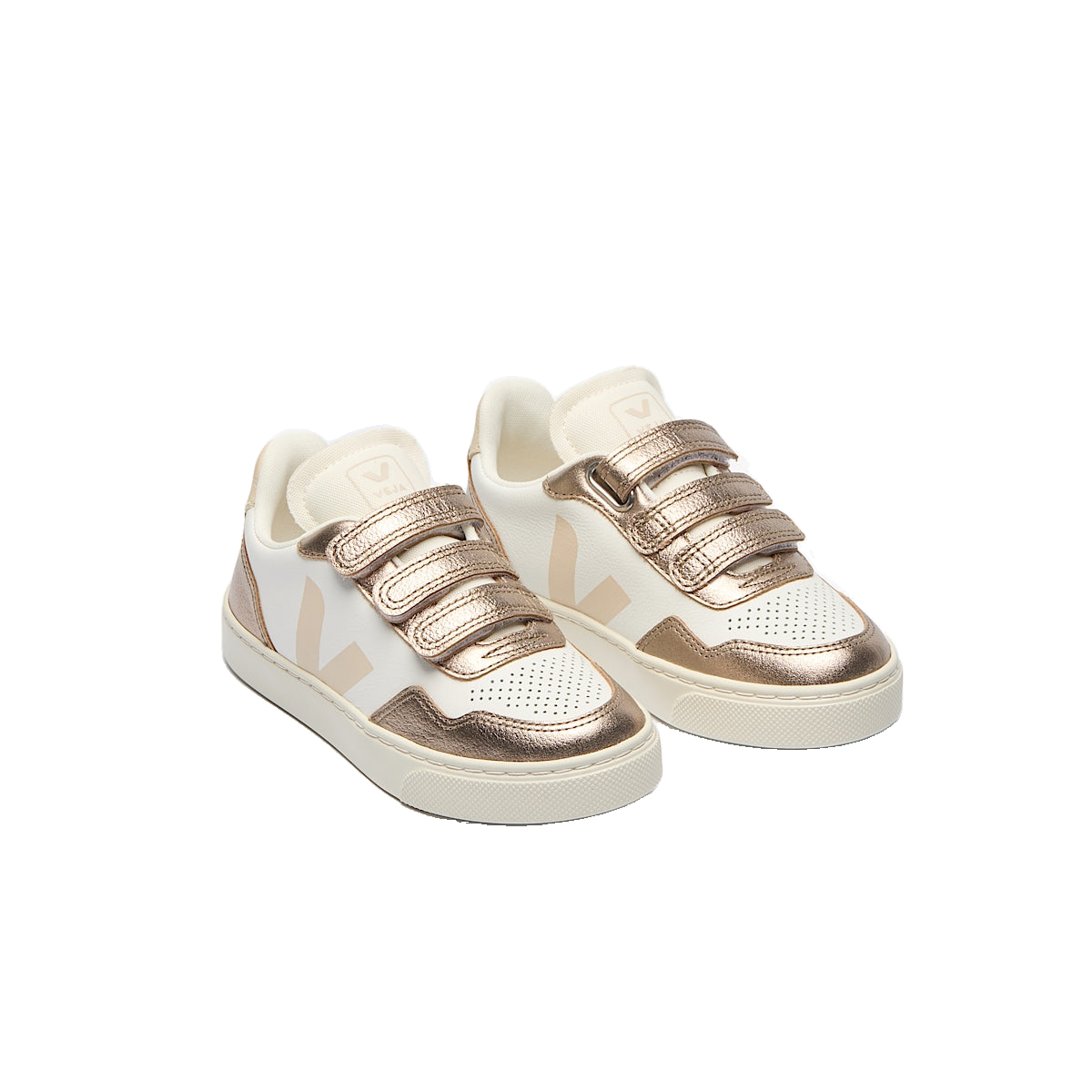 VEJA Veja Small V-90 O.T Leather — White Sable Bronze — elevated front view (SX2021008); official square photo; original shoe pixels preserved