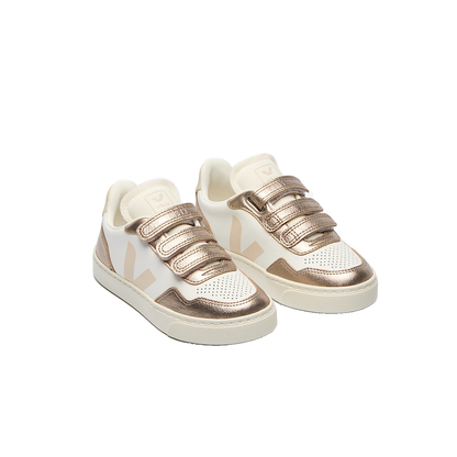 VEJA Veja Small V-90 O.T Leather — White Sable Bronze — elevated front view (SX2021008); official square photo; original shoe pixels preserved